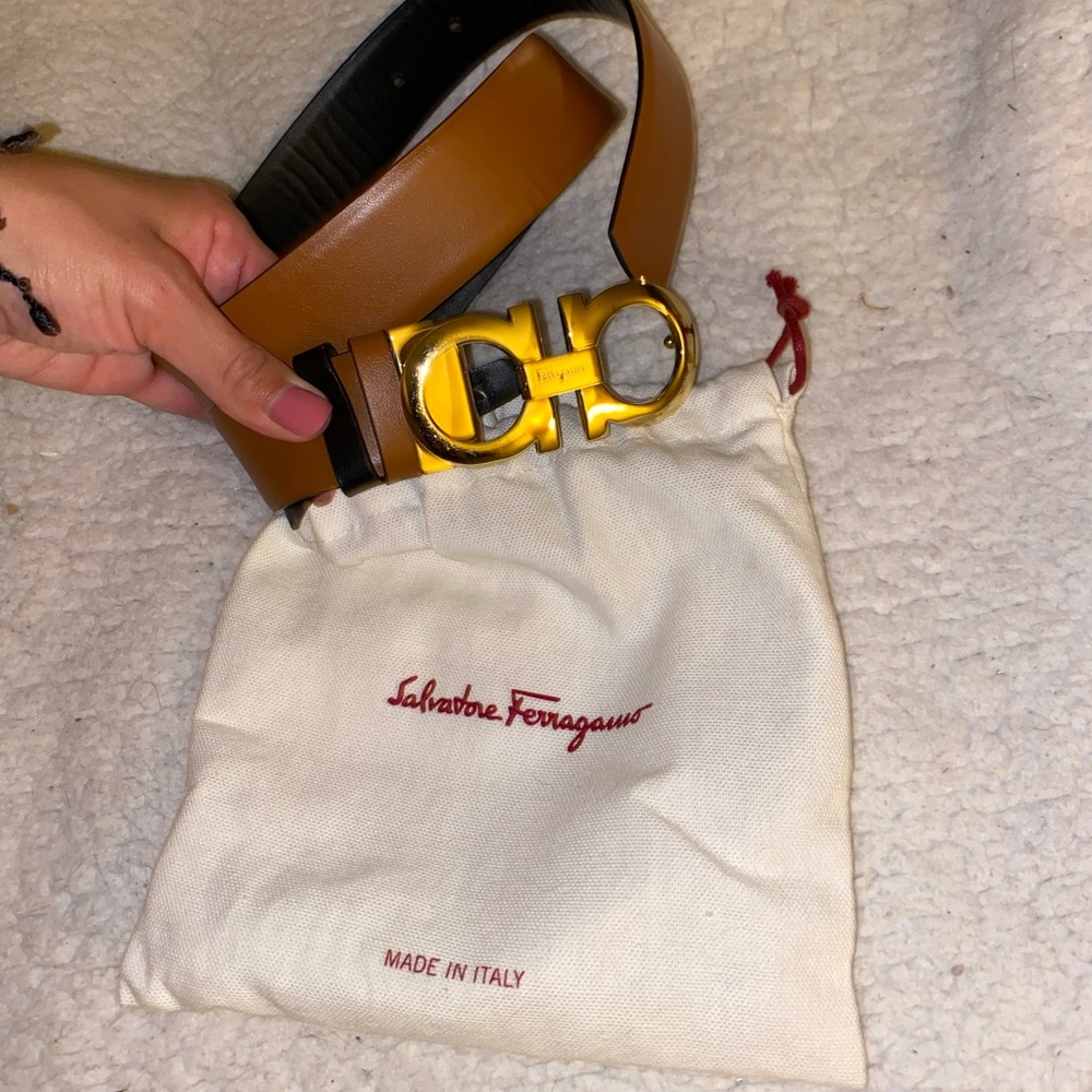 Salvatore Ferragamo Gold Buckle Tan and Black reversible Belt